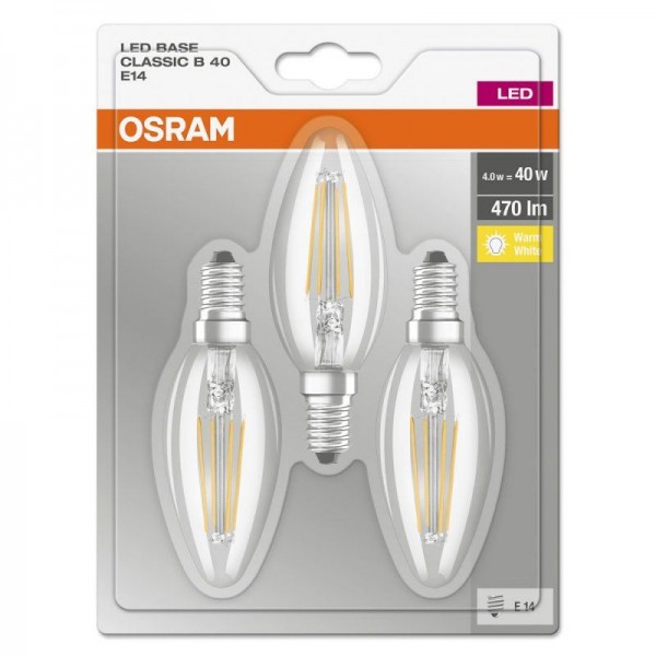 Osram LED Base Classic B Filament 4-40W/827 E14 470lm echt warmweiß nicht dimmbar klar - 3er Blister