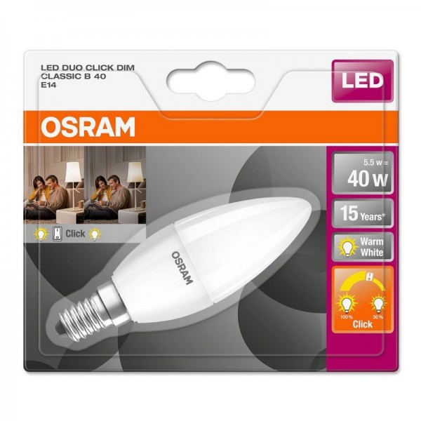 Osram LEDstar+ DoubleClick B 5-40W/827 E14 matt 200° 470lm echt warmweiß duo click dim Blister