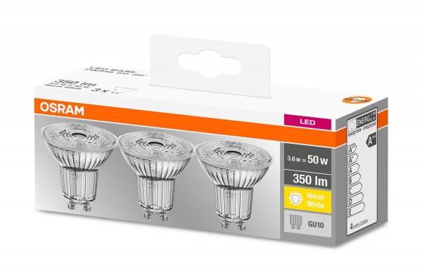 Osram LEDbase PAR16 4,3-50W/827 LED GU10 Glas 36° 350lm echt warmweiß nicht dimmbar 3er Pack