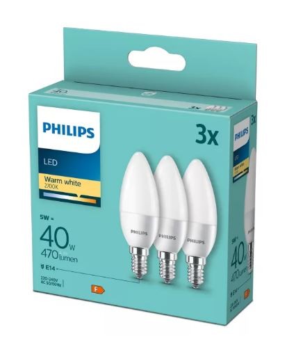 Philips LED Kerze B matt 150° 5-40W/827 warmweiß 470lm E14 220-240V 3er Pack