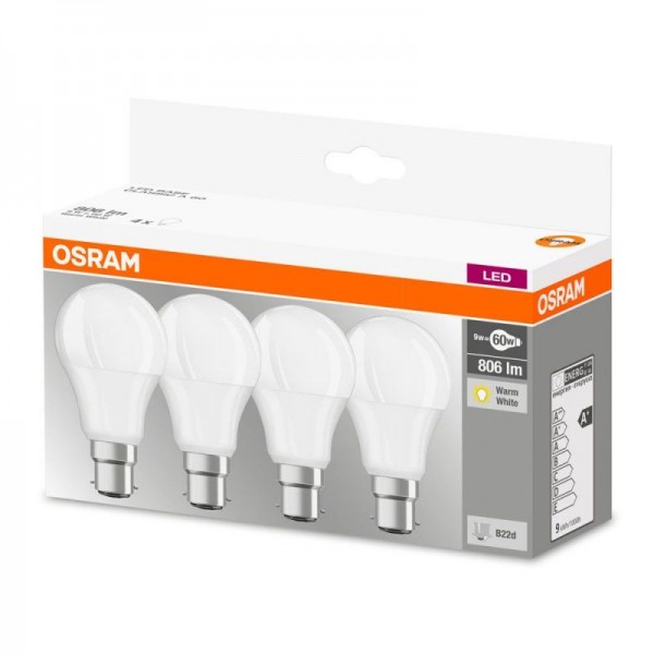 Osram LED Base Classic A 9-60W/827 B22d matt 200° 806lm warmweiß nicht dimmbar 4er Pack