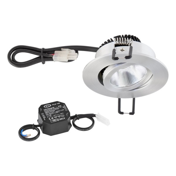 EVN Power-LED Leuchte inkl.Netzgerät Aluminium poliert schwenkbar rund 83x43mm 6W 2000-3000K 60 bis 600lm 21-40° 220-240V IP20