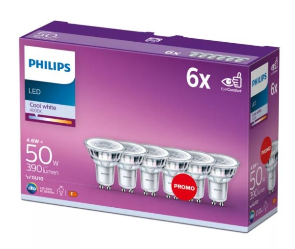 Philips LED Spot PAR16 36° 4,6-50W/840 kaltweiß 390lm GU10 220-240V 6er Pack