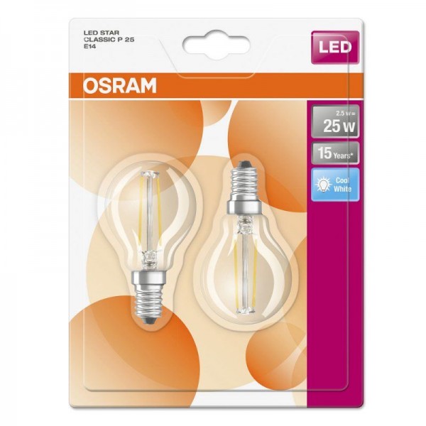Osram LED Star Classic P Filament 2,5-25W/840 E14 klar 300° 250lm kaltweiß nicht dimmbar 2er Blister