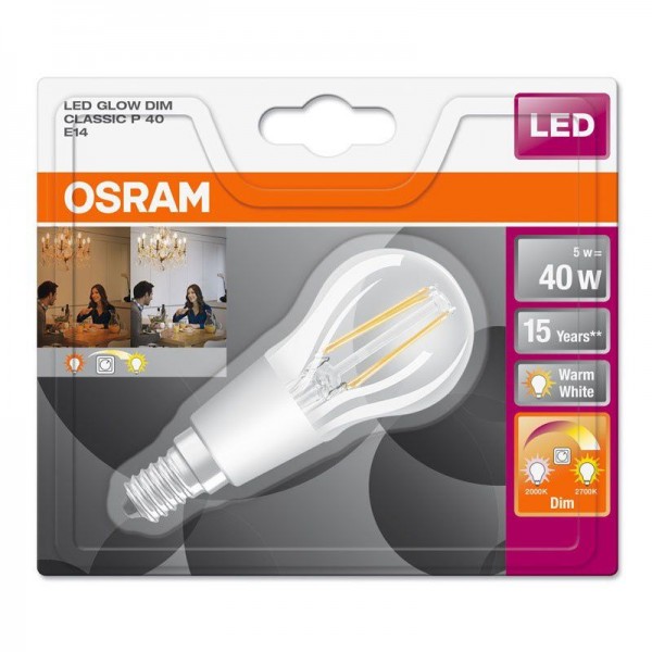 Osram LEDstar+ GlowDim P Filament 4,5-40W/827 E14 klar 320° 470lm warmweiß extra GLOWdim Blister
