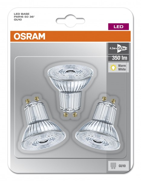 Osram LED Base PAR16 4,3-50W/827 GU10 36° 350lm warmweiß nicht dimmbar 3er Pack
