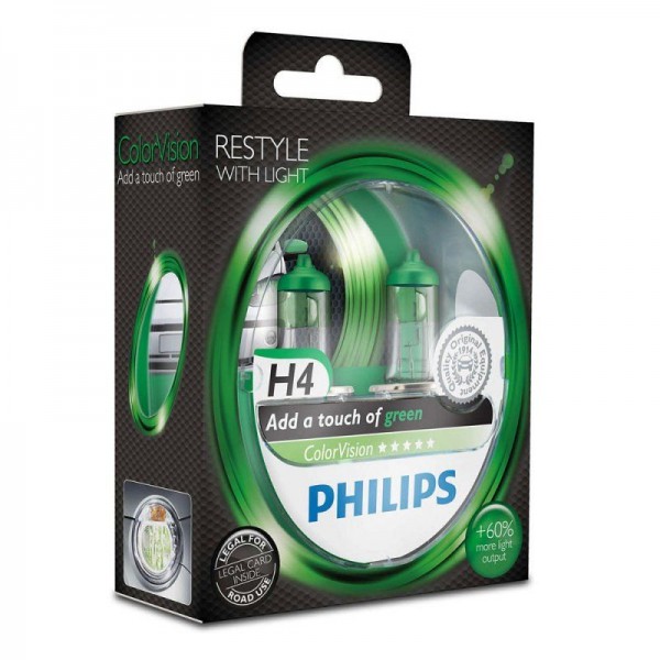 Philips ColorVision Green-Fahrzeugscheinwerferlampe H4 12V 60/55W (2er Blister)