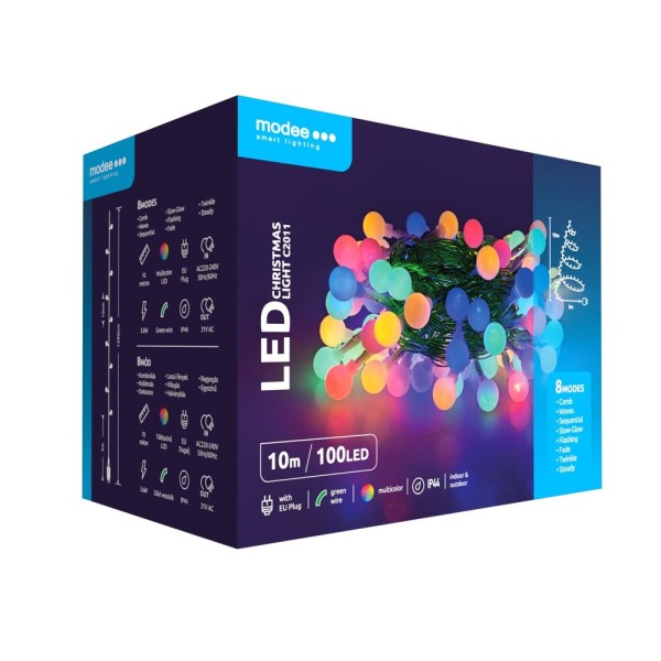Modee Lichterkette 10m 100 LED Multicolor kleine Kugeln Kunststoff grün 3,6W 360° IP44 220-240V Netzstecker 8 Funktionen