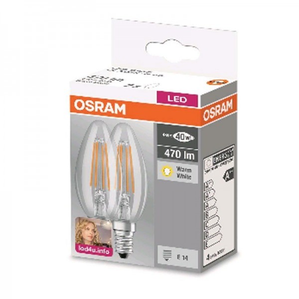 Osram LED Base Classic B Filament 4-40W/827 470lm E14 warmweiß nicht dimmbar klar - 2er Pack