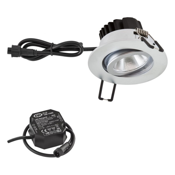 EVN Power-LED Leuchte inkl.Netzgerät Chrom schwenkbar rund 83x48,5mm 6W 2000-3000K 60 bis 600lm 21-40° 220-240V IP65
