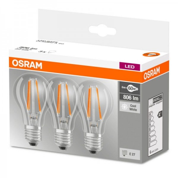 Osram LEDbase Classic A Filament 6-60W/840 LED E27 klar 200° 806lm kaltweiß nicht dimmbar 3er Pack