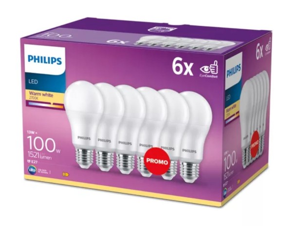 Philips LED Classic A matt 150° 13-100W/827 warmweiß 1521lm E27 220-240V 6er Pack