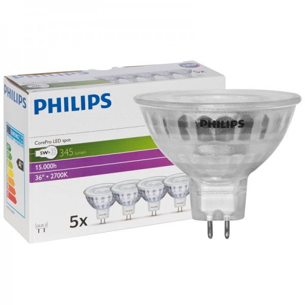 Philips CorePro LEDspot MR16 LED 4,4-35W/827 LED GU5.3 36° 345lm warmweiß 5er