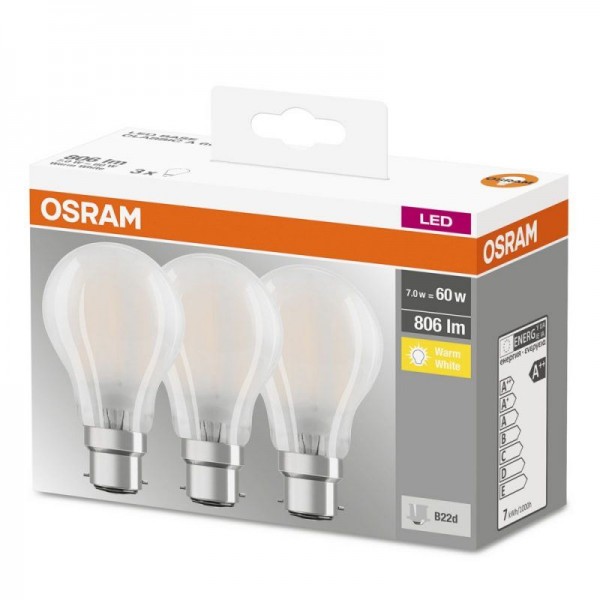 Osram LED Base Classic A Glas 7-60W/827 B22d matt 300° 806lm warmweiß nicht dimmbar 3er Pack