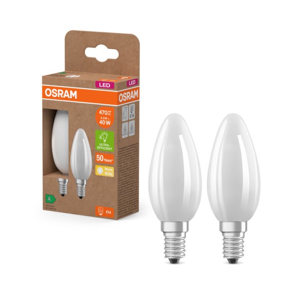 Osram / Ledvance LED Filament Kerze B matt 330° UltraEfficient 2,2-40W/827 warmweiß 470lm E14 220-240V 2er Pack