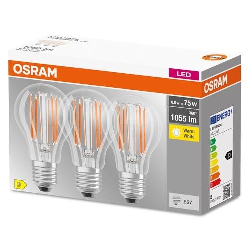 Osram LED Base Classic A Filament 7,5-75W/827 E27 1055lm klar warmweiß nicht dimmbar 3er Pack