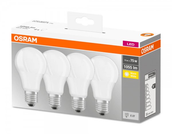 OSRAM LED Base CL A SMD 11-75W/827 E27 1055lm nicht dimmbar 4er Pack