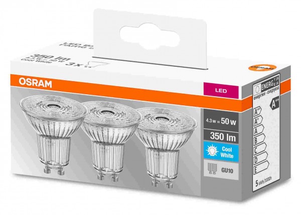 Osram LEDbase PAR16 4,3-50W/840 LED GU10 Glas 36° 350lm kaltweiß nicht dimmbar 3er Pack