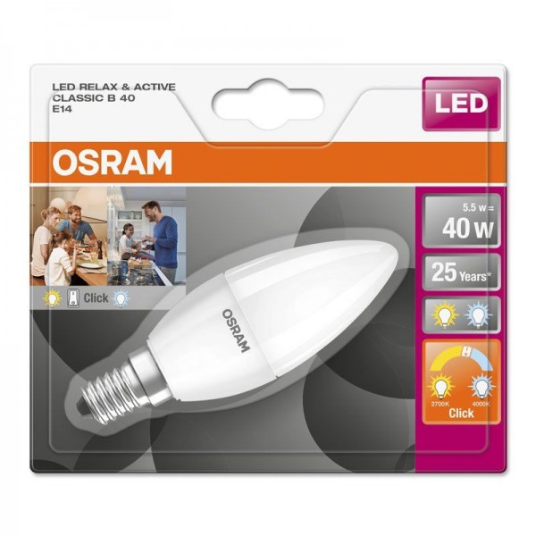 Osram LEDstar+ Classic B 5-40W/827+840 E14 matt 200° 470lm echt warmweiß/kaltweiß nicht dimmbar Blister