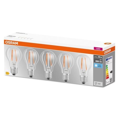 Osram LED Base Classic A Filament 6,5-60W/840 E27 806lm klar kaltweiß nicht dimmbar 5er Pack