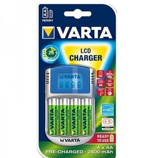 Varta LCD Charger 57070 incl. 4 x AA 2600 mAh + 12V Adapter + USB Kabel