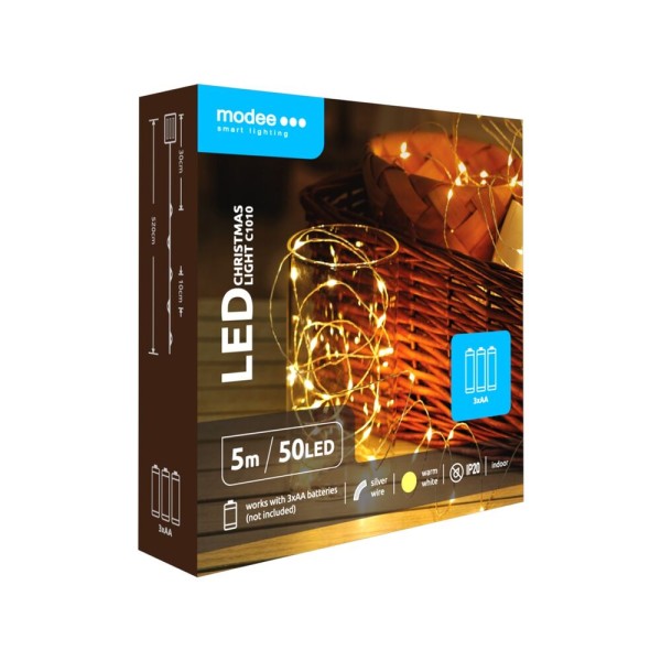 Modee Lichterkette 5m 50 LED flexiblen Draht silber 0,5W 2700K 360° IP20 4,5V batteriebetrieben 3xAA, (Batterien nicht enthalten)