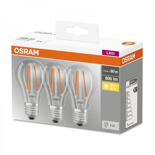 Osram LEDbase Classic A Filament 7-60W/827 LED E27 klar 200° 806lm echt warmweiß nicht dimmbar 3er Pack